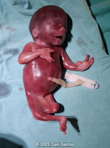 Post-abortal gross pathology demonstrating duplication of left femur with absence of distal parts, ectrodactyly of extremities, and absence of left radius.